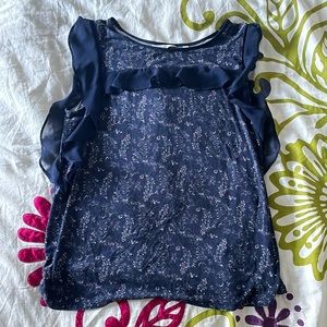 NAVY BLUE TANK TOP WITH FLORAL PRINT AND SILK RUFFLES SIZE M